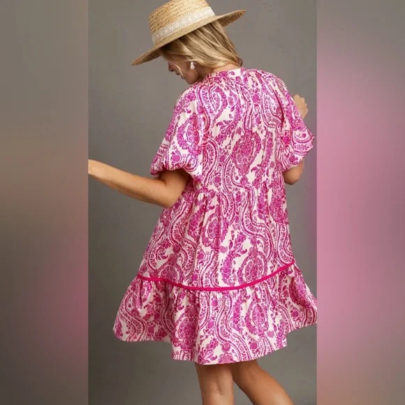 Umgee Queen of Pink Satin Dress w puff sleeves Oversized Size M - Picture 2 of 6